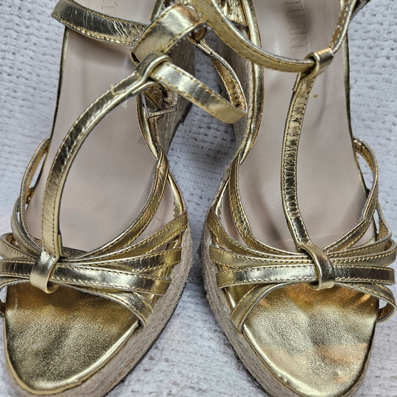 Colin Stuart Gold Strappy Leather Platform Wedge Heel Size 8.5 Womens - Picture 15 of 15